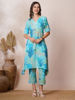 FASHOR - Blue Tropical Floral Printed A-Line High-Low Co-Ord (Set of 2)