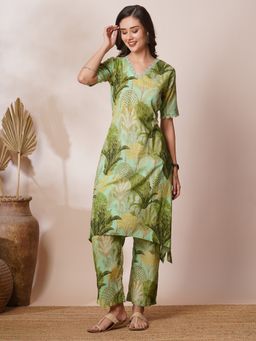 FASHOR - Green Tropical Floral Printed A-Line High-Low Co-Ord (Set of 2)