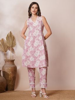 FASHOR - Pink Floral Foil Printed A-Line Co-Ord (Set of 2)