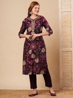 FASHOR - Purple Floral Printed Straight Fit Kurta with Pant (Set of 2)