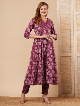 FASHOR - Purple Floral Printed and Embroidered Anarkali Kurta with Pant (Set of 2)