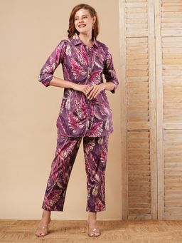 FASHOR - Purple Leaf Foil Printed Straight Fit Co-Ord (Set of 2)