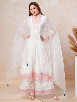 FASHOR - White Embroidered Resham Anarkali Kurta with Sharara and Dupatta (Set of 3)