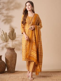 FASHOR - Mustard Floral Printed Kurta with Pants and Dupatta (Set of 3)
