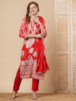 FASHOR - Red Floral Printed Embroidered Kurta with Pant and Dupatta (Set of 3)