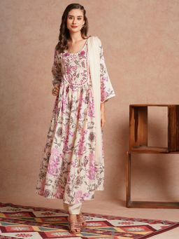 FASHOR - Cream Floral Printed Anarkali Kurta with Pant and Dupatta (Set of 3)