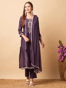 FASHOR - Purple Ethnic Embroidered Kurta with Pant and Dupatta (Set of 3)
