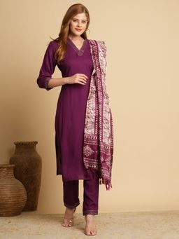 FASHOR - Purple Solid Straight Fit Kurta with Pant and Printed Dupatta (Set of 3)
