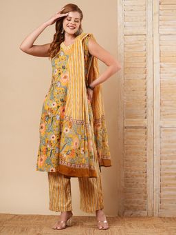 FASHOR - Yellow Floral Printed Straight Fit Kurta with Palazzo and Dupatta (Set of 3)
