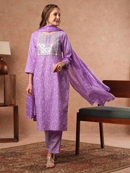 FASHOR - Purple Floral Printed Kurta with Pants and Dupatta (Set of 3)