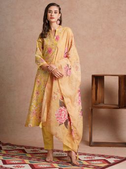 FASHOR - Yellow Floral Printed A-Line Kurta with Pant and Dupatta (Set of 3)