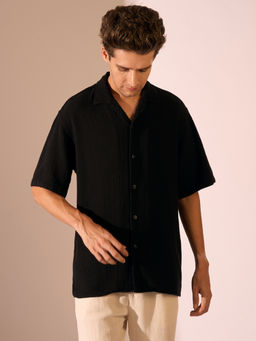 Selected - Black Organic Cotton Cuban Collar Shirt