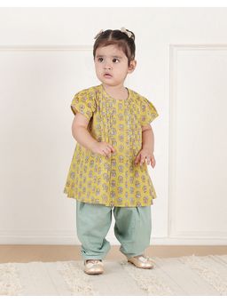 Fabindia - Yellow Cotton Hand Block Printed Kurta with Salwar