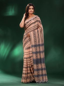 CHARUKRITI - Beige Cotton Handwoven Soft Saree with Unstitched Blouse