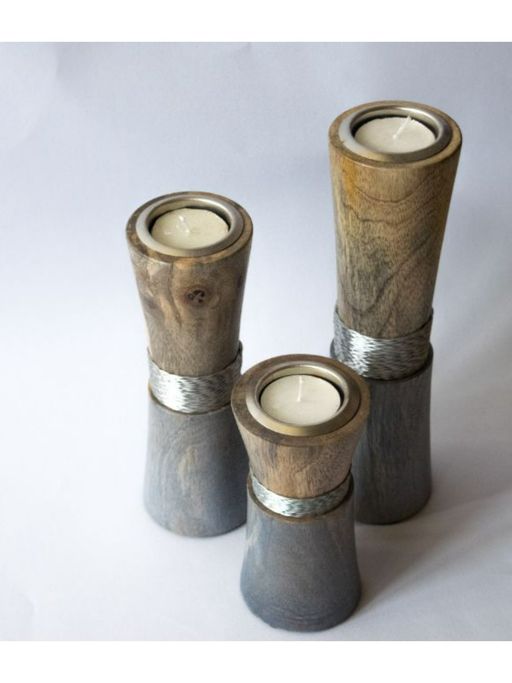 The Pitara Project Wooden Wired T-Light Holders - Silver