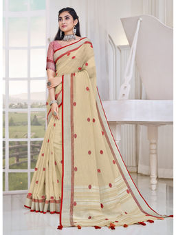 Sangam Prints - Beige Woven Work Traditional Tassle Saree with Unstitched Blouse