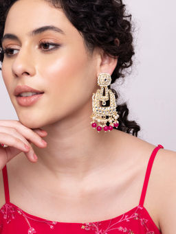 Indya - Gold Red Beaded Geometric Kundan Dangler Earrings