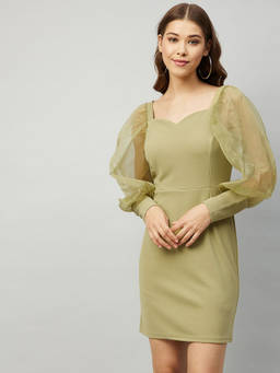 RARE - Women Casual Green Solid Sweetheart Neck Above Knee Sheath Dress