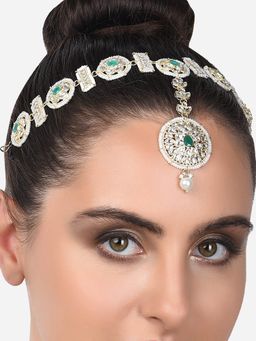 Zaveri Pearls - Green Stones & Pearls Bridal Kundan Head Chain-ZPFK14420