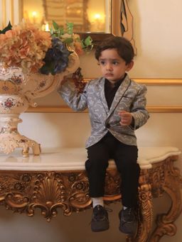 Funny Bones - Linen Dino Print Blazer with Shirt and Pant - Grey Color (Set of 3)