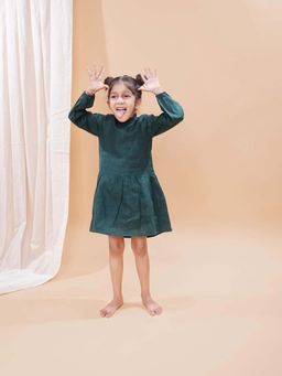 Funny Bones - Linen Solid Full Sleeves Dress - Dark Green