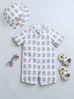 Nino Bambino - Organic Cotton Romper With Hat - White / Beige (Set of 2)