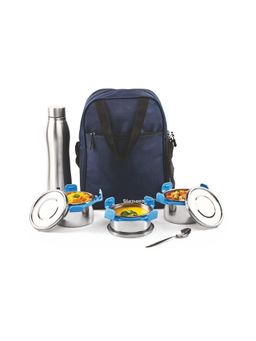 Signoraware - Navy Blue All Steel Fusion Jumbo Stainless Steel 3 Lunch Box + Bottle + Bag + Spoon