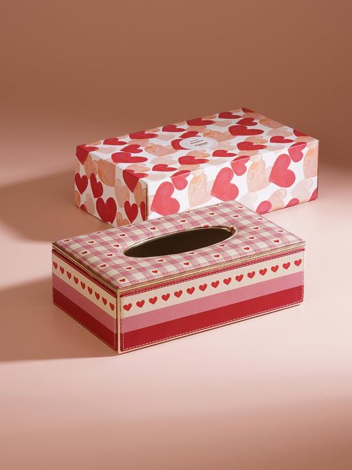 Pure Home + Living Pink Red Heart Print Faux Leather Tissue Box
