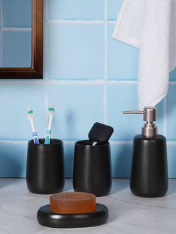 Aarvi Decor - Black Porcelain Soap Dispenser + Toothbrush Holder + Tumbler + Soap Dish