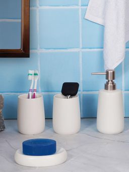 Aarvi Decor - White Porcelain Soap Dispenser + Toothbrush Holder + Tumbler + Soap Dish