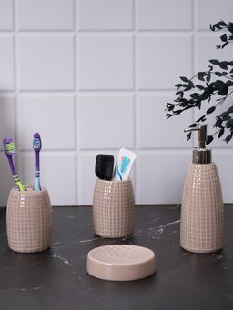Aarvi Decor - Brown Porcelain Glaze & Shine Soap Dispenser + Toothbrush Holder + Tumbler + Soap Dish