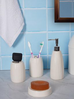 Aarvi Decor - White Porcelain Glaze & Shine Soap Dispenser + Toothbrush Holder + Tumbler + Soap Dish