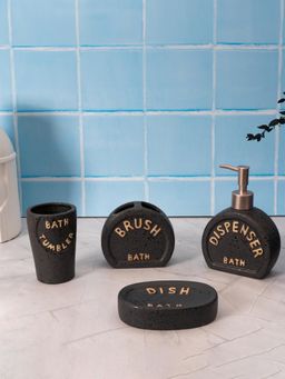 Aarvi Decor - Black Porcelain Sandstone Bliss Soap Dispenser + Toothbrush Holder + Tumbler + Soap Dish