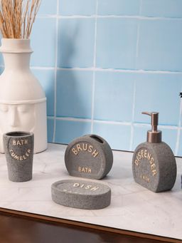 Aarvi Decor - Grey Porcelain Sandstone Bliss Soap Dispenser + Toothbrush Holder + Tumbler + Soap Dish