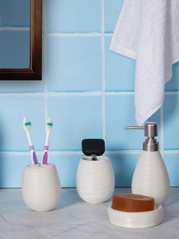 Aarvi Decor - White Porcelain Earthy Haven Soap Dispenser + Toothbrush Holder + Tumbler + Soap Dish