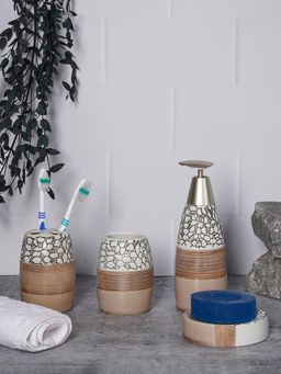 Aarvi Decor - Beige Porcelain Pebble Creek Soap Dispenser + Toothbrush Holder + Tumbler + Soap Dish