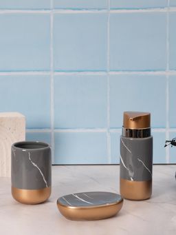 Aarvi Decor - Grey Porcelain Timeless Touch Soap Dispenser + Toothbrush Holder + Soap Dish