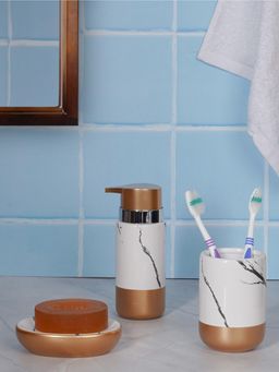 Aarvi Decor - White Porcelain Timeless Touch Soap Dispenser + Toothbrush Holder + Soap Dish
