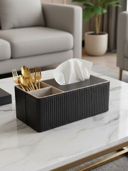 Aarvi Decor - Black Faux Leather Tissue Holder with Organiser