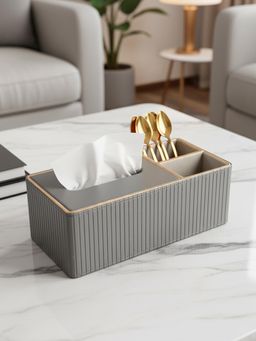 Aarvi Decor - Grey Faux Leather Tissue Holder with Organiser
