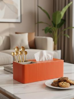 Aarvi Decor - Orange Faux Leather Tissue Holder with Organiser