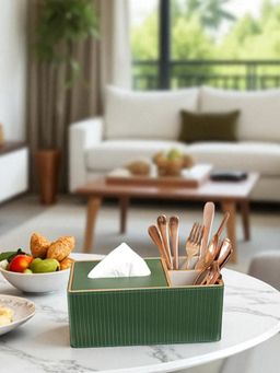 Aarvi Decor - Green Faux Leather Tissue Holder with Organiser