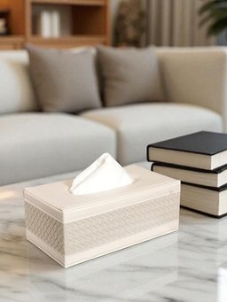 Aarvi Decor - Cream Faux Leather Basket Weave Tissue Box