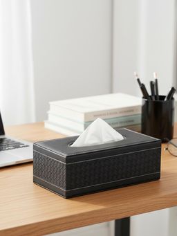 Aarvi Decor - Black Faux Leather Basket Weave Tissue Box