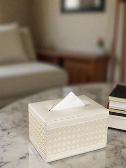 Aarvi Decor - Off White Faux Leather Tissue Holder