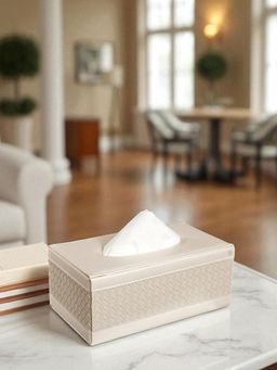 Aarvi Decor - Premium Faux Leather Basket Weave Cream Tissue Holder Box