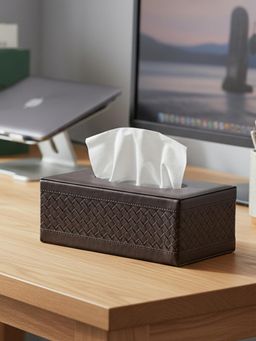 Aarvi Decor - Premium Faux Leather Basket Weave Brown Tissue Holder Box