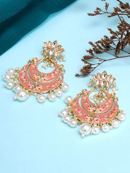 Karatcart - Gold Plated Pink Meena Lotus Design Pearl Studded Chandbali Earrings for Women
