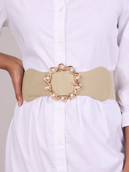 Pipa Bella by Nykaa Fashion - Beige Pearl Embellished Buckle Elasticated Broad Waist Belt