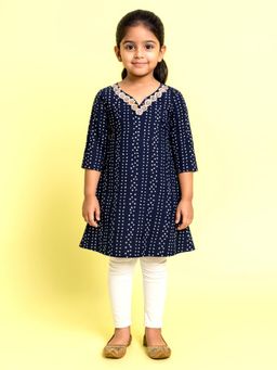 KiddoPanti - Navy Blue Bandhani Printed with Floral Lace Neck Kurta and Leggings